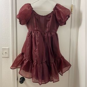 Elegant Burgundy Puff Sleeve Dress